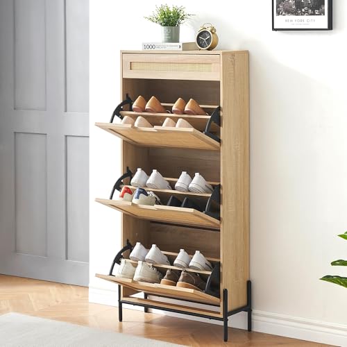 Stylish Rattan Shoe Storage Cabinet with 3 Flip Doors, 1 Drawer, and Adjustable 3-Tier Shelves - Perfect for Entryway, Hallway, Living Room