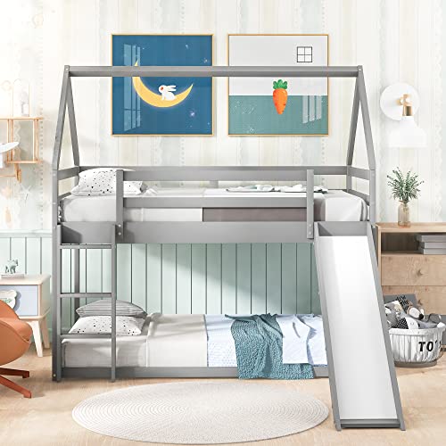 Kids Twin Over Twin Bunk Beds with Slide and Trundle, Solid Wood Bunk Bed Frame with Stairs and Storage