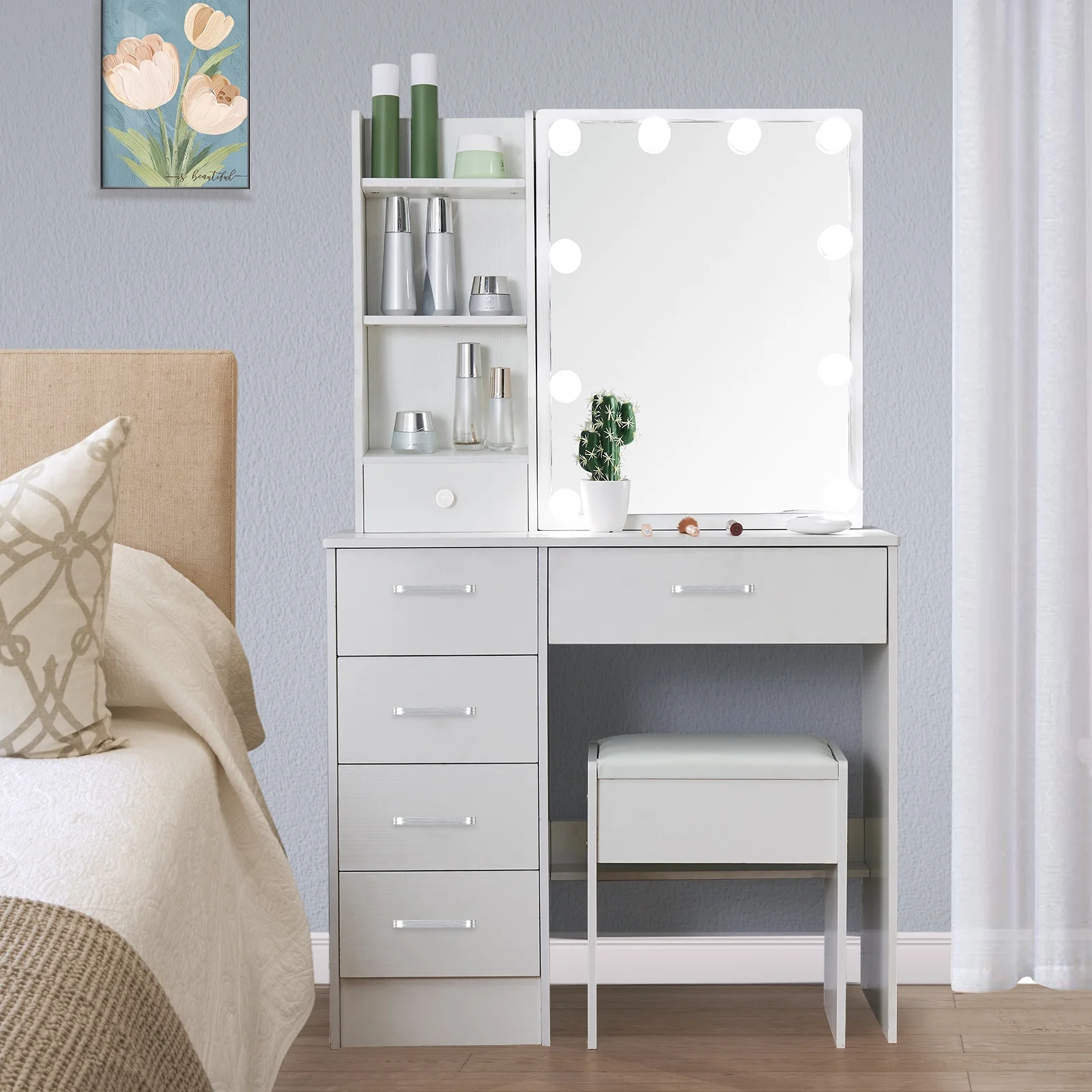 Yamissi Makeup Vanity Dressing Table Set W/ Stool Dresser Desk Mirror W/10 LED Lights for Girls Bedroom, White