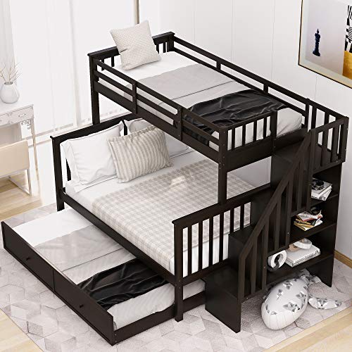 Ball & Cast Full Over Full Bunk Bed with Twin Size Trundle and Built in 4 Drawer,Wood Bunkbed w/Storage Ladder & Slat Support