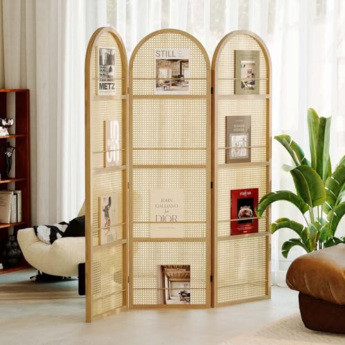 Room Divider and Folding Privacy Screens, Pine Wood 5.6 Ft Double Hinged Rattan Partition Freestanding Wall Room Divider for Home - 3 Panels