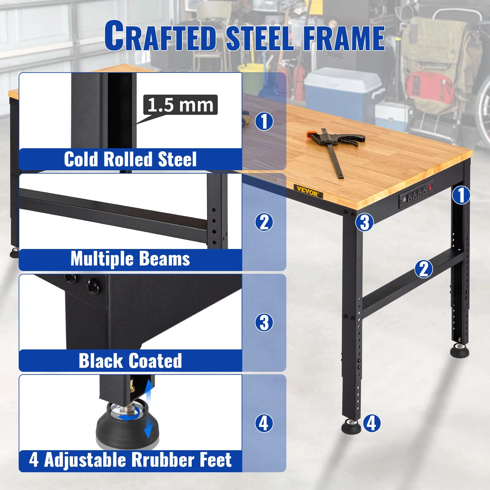 VEVOR Workbench Adjustable Height, 48"L X 20"W X 38.1"H Garage Table w/ 28.3" - 38.1" Heights & 2000 lbs Load Capacity