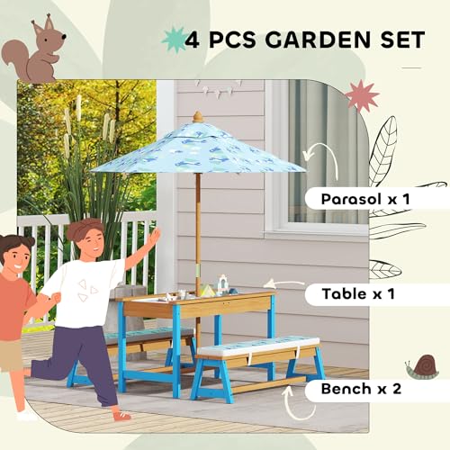 Qaba Kids Picnic Table, Wooden Table and Bench Set with Foldable Umbrella, Removable Cushions & Boxes
