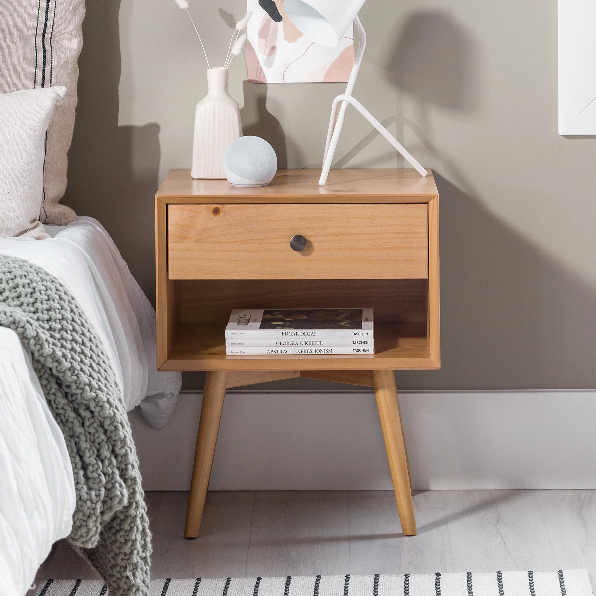 Walker Edison Mid Century Modern 1-Drawer Nightstand, Natural Pine