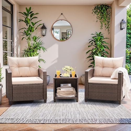 Devoko 3 Pieces Patio Furniture Set, PE Rattan Wicker Patio Set with Two Outdoor Chairs and Table, Upgraded Patio Chairs and Table for Porch