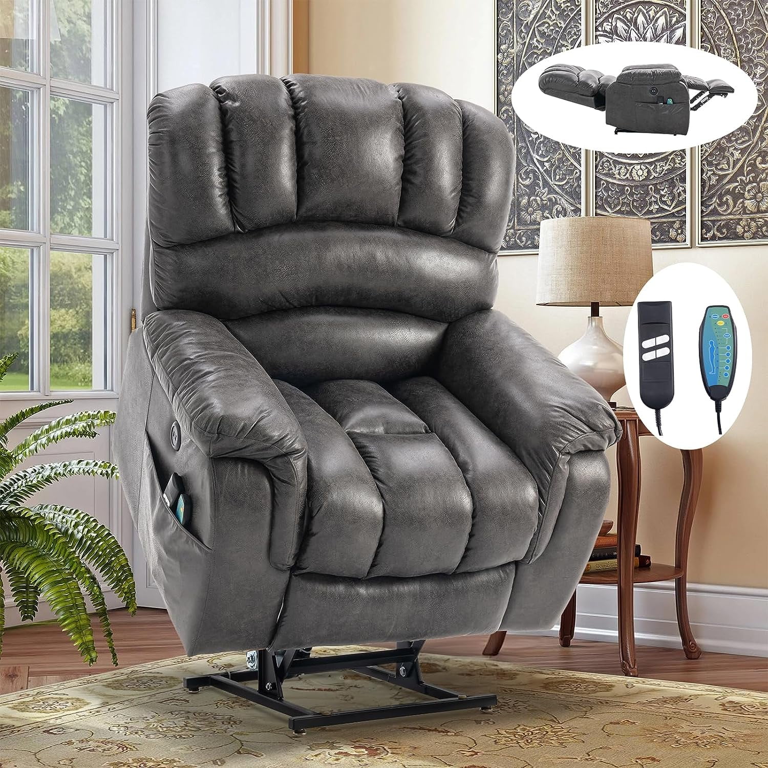 OUINCH Large Dual Motor Lay Flat Sleeper Power Lift Recliner Chair for Elderly with Heat and Massage, 2 Remote Controls, 2 USB Ports & 2 Side Pockets