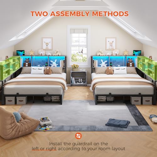 DICTAC Corner Twin Bed Frame with Bookcase Storage and Led Lights Metal Twin Size Platform Beds with Storage and Charging Station Twin Daybed with 2
