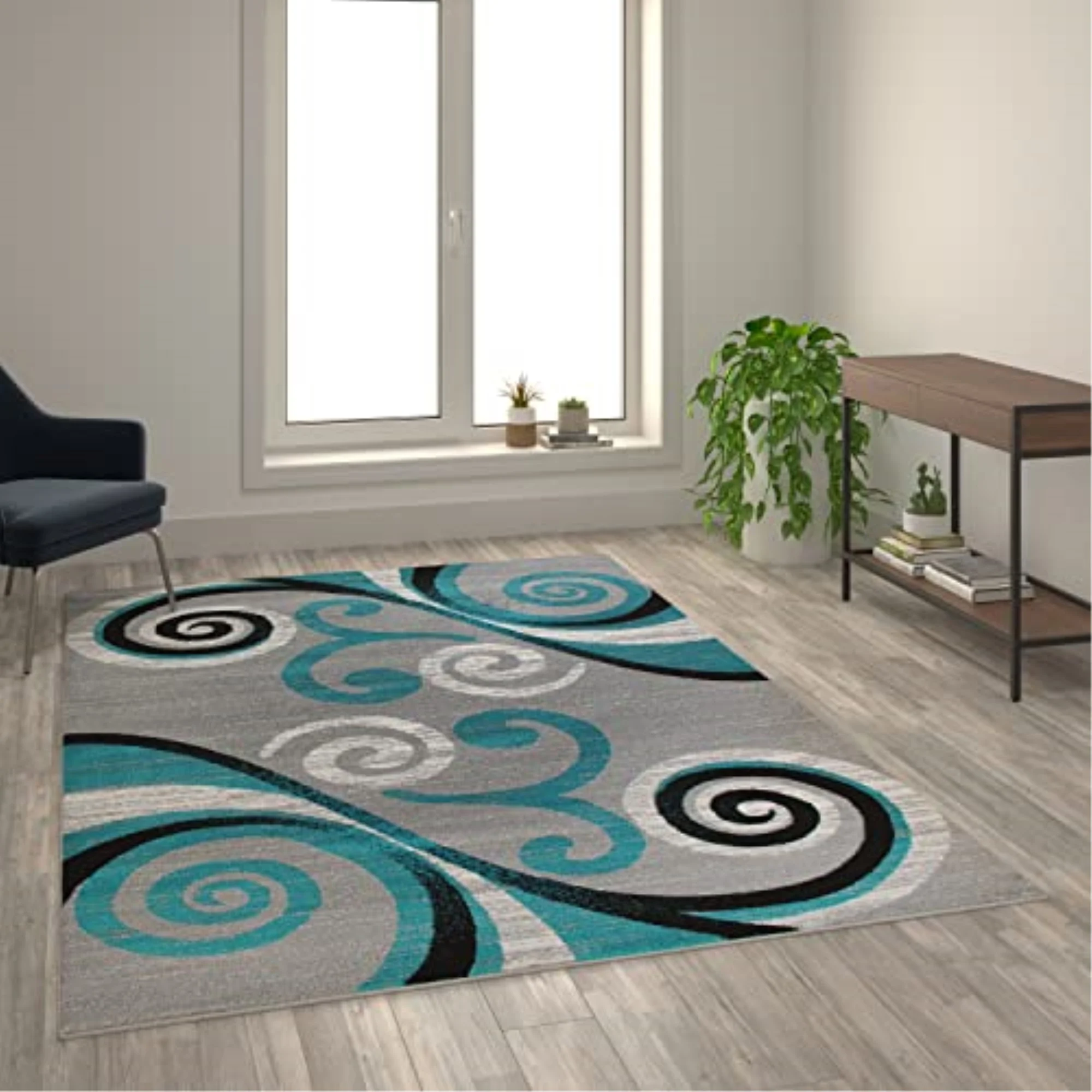 Flash Furniture Valli Rectangular Contemporary Black, White, Grey, Turquoise Area Rug, 6' x 9'