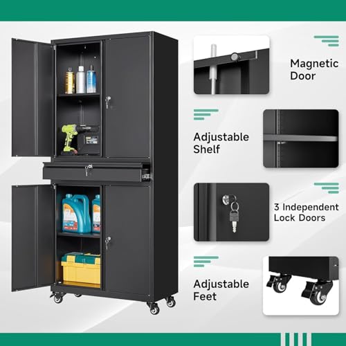 Letaya Metal Garage Storage Cabinet with Drawer,4 Door Tool Cabinet with Lock-2 Adjustable Shelves for Garage Home Office Utility Room (Black)