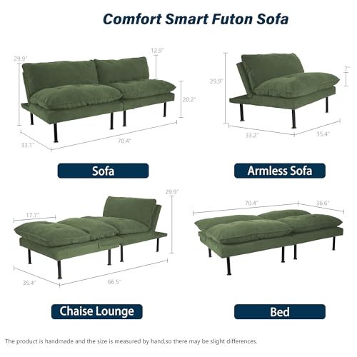 70" Futon Sofa Bed, 4 in 1 Multi-Function Couch Sleeper with Adjustable Backrest, Modern Convertible Futon, Recliner Small Loveseat for Living Room