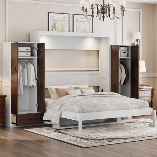 Queen Size Farmhouse Murphy Bed Cabinet with Charging Station, Foldable Platform Bed Frame with 2 Storage Drawers