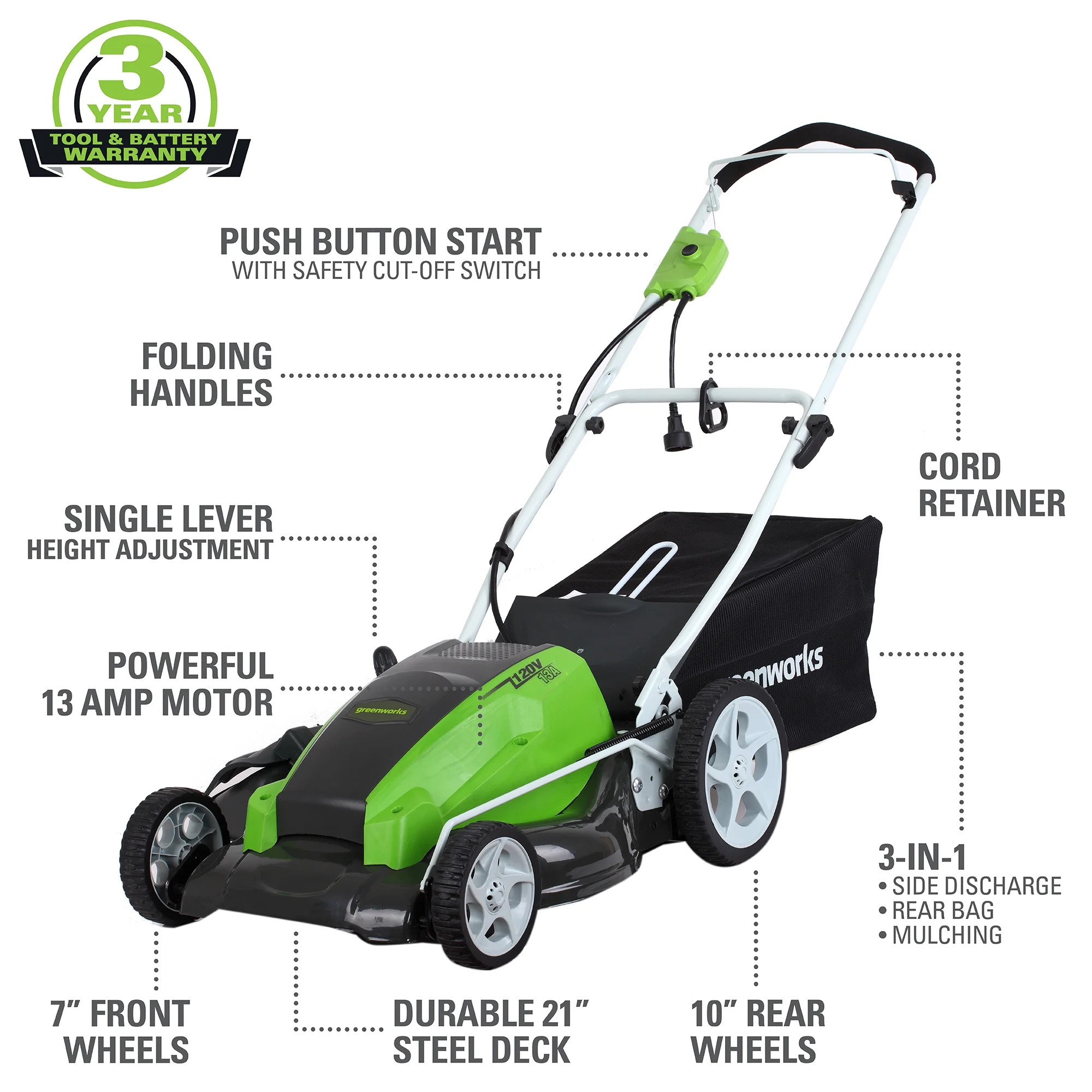 Greenworks 13 Amp 21 Corded Electric Walk-Behind Push Lawn Mower 25112