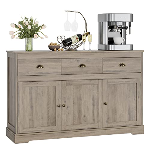 Keyluv White Buffet Cabinet Storage Sideboard Farmhouse Server Bar Wine Cabinet with 3 Drawers & 3 Doors Adjustable Shelves Console Table for Dining