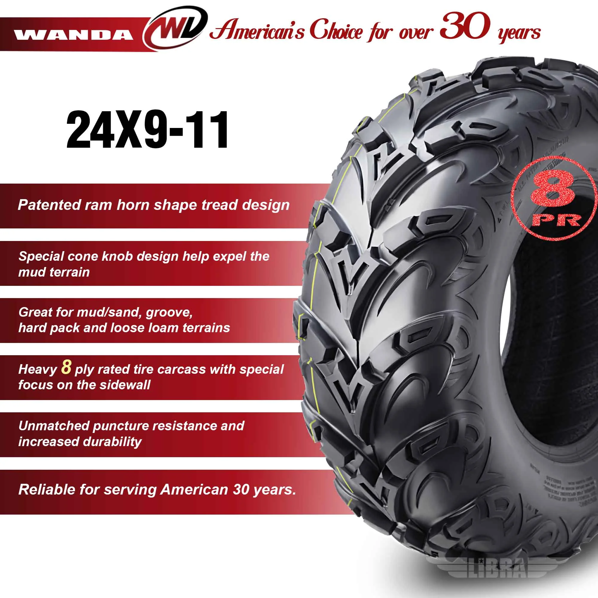WANDA Premium 8 Ply ATV / UTV Tires 24x9-11 24x9x11 Mud Sling