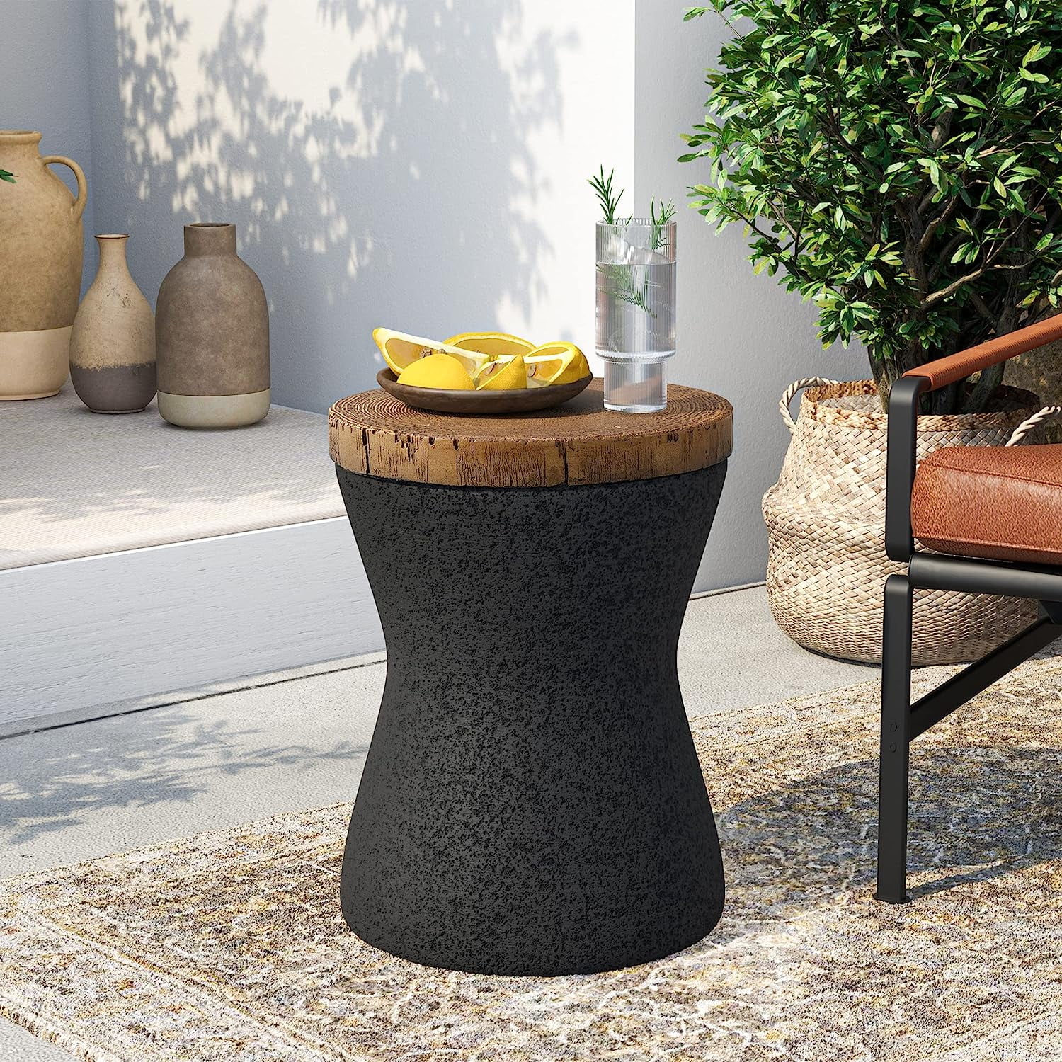 Outdoor Accent Table, 11" Hourglass Shaped Outdoor Side Table for Patio, Concrete Garden Stool End Table