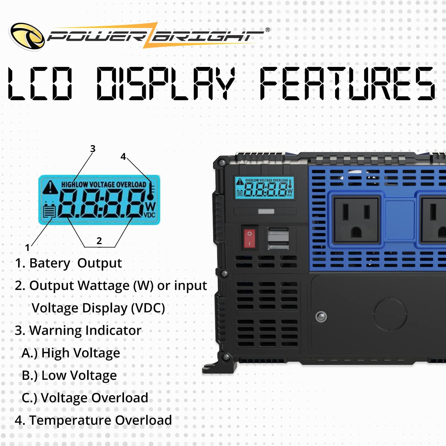 PowerBright 3000 Watts Power Inverter 12V to 110V, Modified Sine Wave Car Inverter, Dual 110 Volt AC Outlets, Hardwire Kit