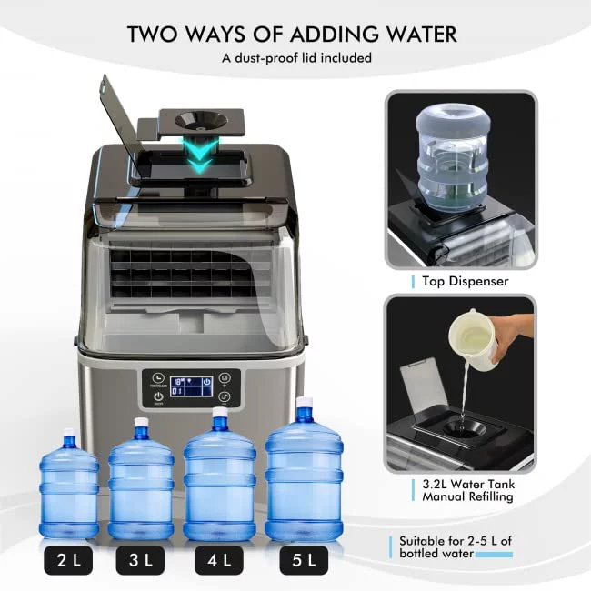 Countertop Ice Maker Machine, 45 Lbs/24H, 24 Pcs/13 Mins, 2 Ways to Add Water, Compact Ice Machine with Ice Scoop & Basket