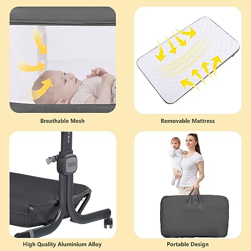 Kinder King Portable Baby Bassinet w/Carry Bag, Newborn Bedside Crib Sleeper, Adjustable Height, All-Sided Mesh Infant Travel Crib