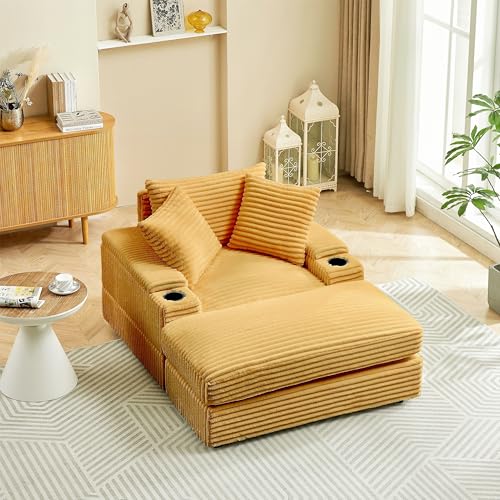 Oversized Corduroy Upholstered Chaise Longue Indoor,Comfy Thicked Padded Lounge Chair with Movable Ottoman,Soild Wood Sleeper Reclining Chair