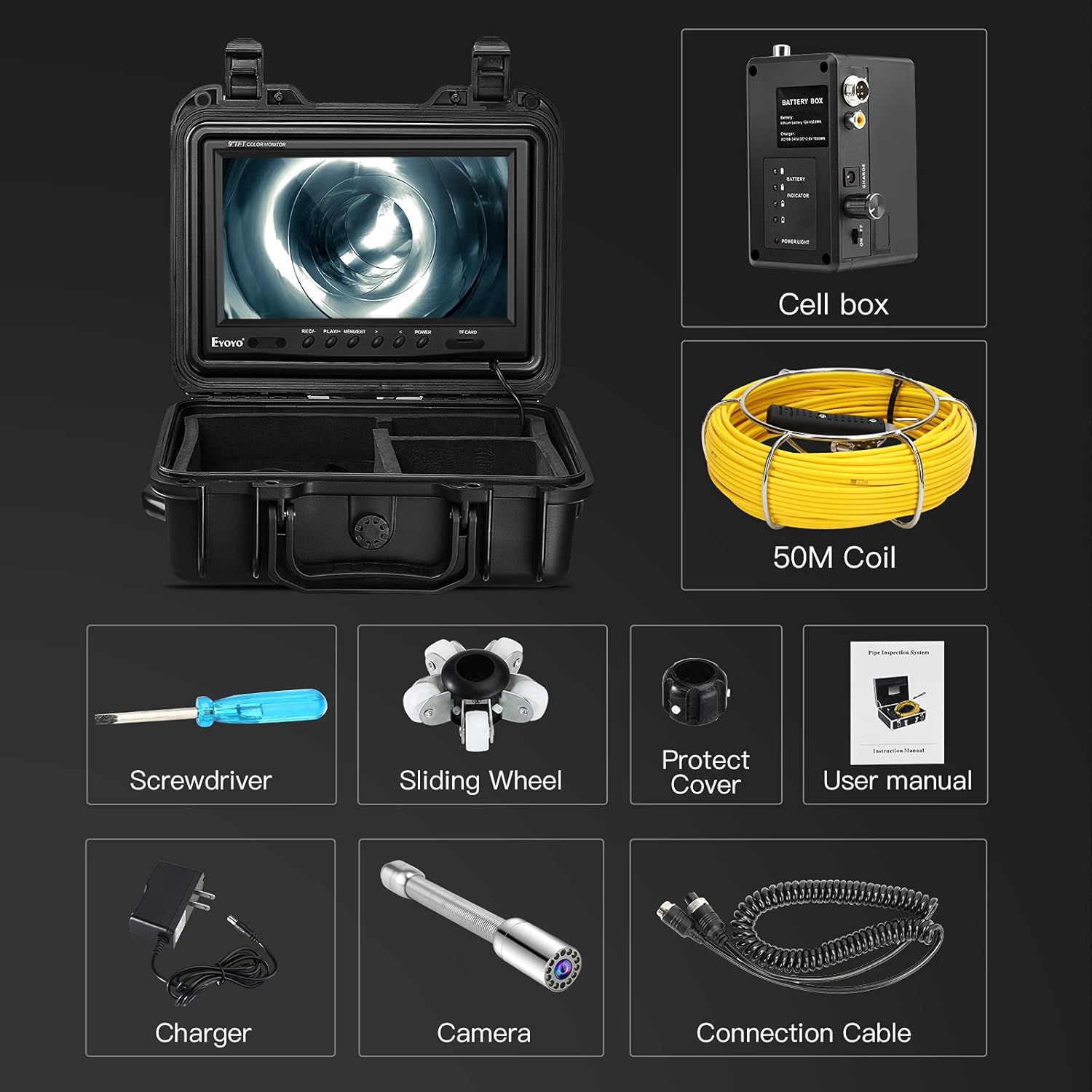 Upgraded 164ft/50m Sewer Camera, 23mm HD 720P Camera with 12pcs LED, 9 LCD Monitor with DVR, Fiberglass Cable, Rechargeable Battery, 8GB TF Card