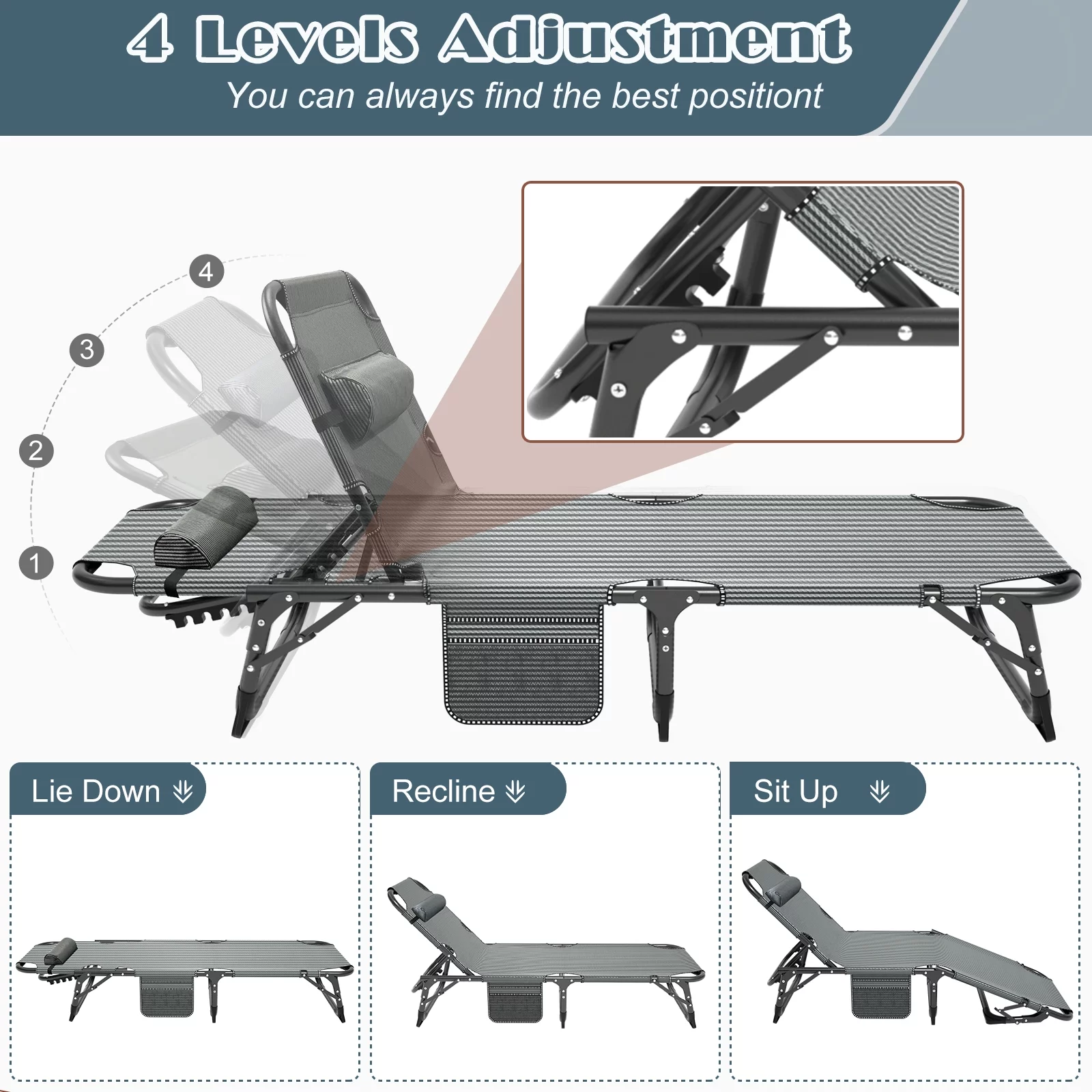Lilypelle Camping Cot, Adjustable 4-Position Adults Reclining folding Chaise with Pillow, Outdoor portable Lounge Chair Sleeping Cots Bed