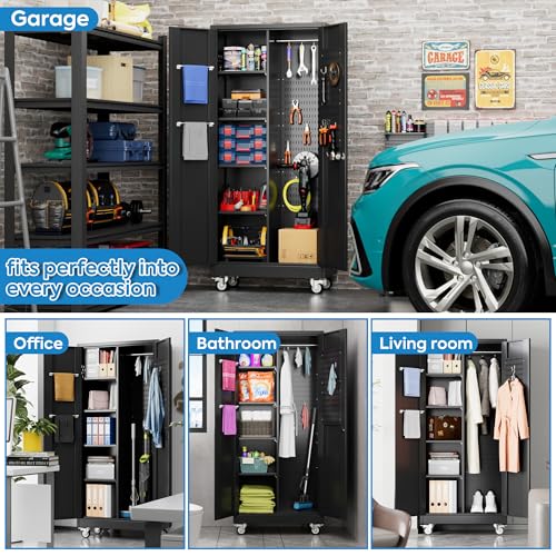 Garage Storage Cabinet with Wheels & Pegboard, 72" H Locking Metal Storage Cabinet with Doors and 4 Adjustable Shelves for Garage Workshop Home