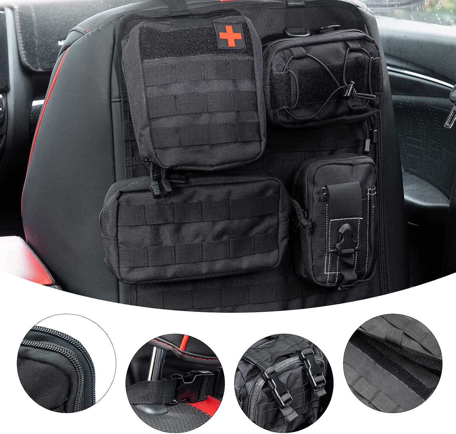 Tactical Car Seat Back Organizer with 5 Detachable Molle Pouch--1 Medical Kit & 4 Admin Pouch, Tactical Vehicle Panel for Truck, Jeep, SUV, Car, Ford