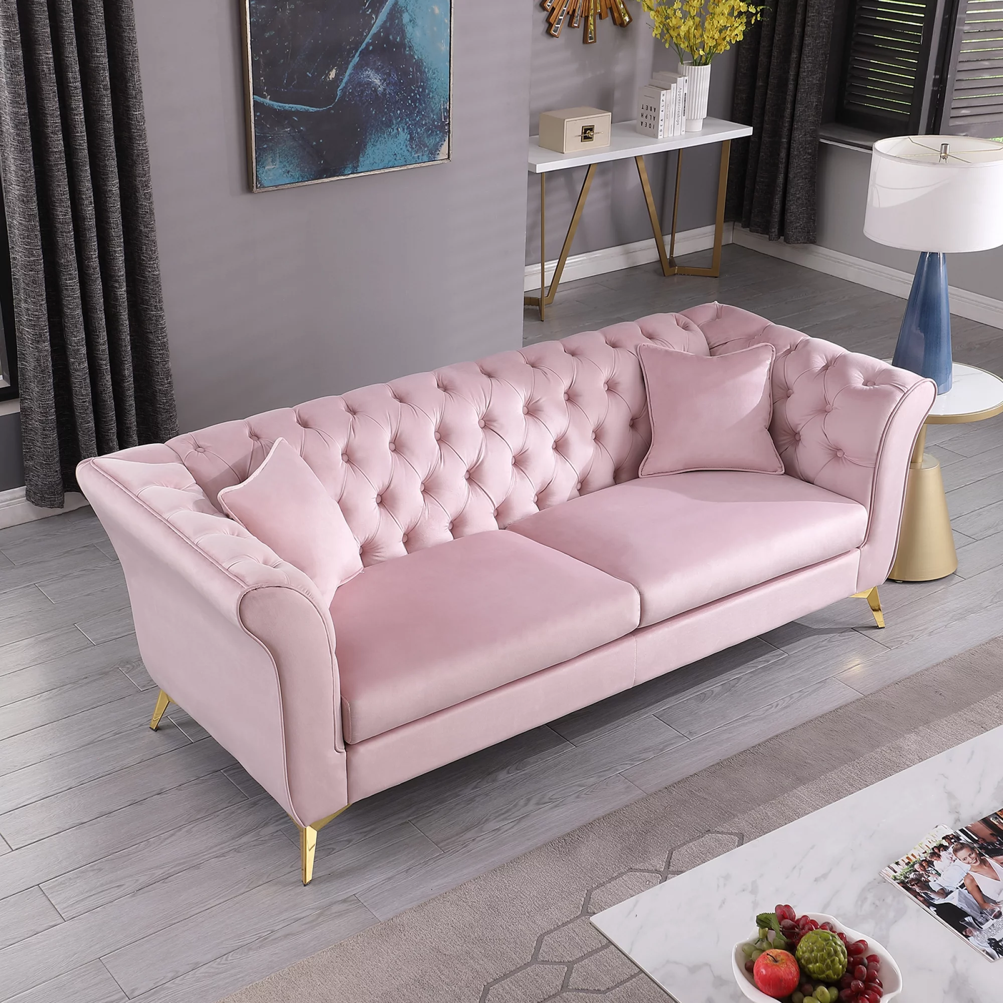 Chesterfield sofa ,Stanford sofa , high quality Chesterfield sofa ,pink color , tufted and wrinkled fabric sofa;contemporary Stanford sofa
