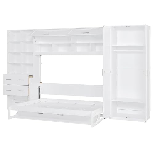 SOFTSEA Queen Size Murphy Bed with Desk, Horizontal Murphy Bed with Storage Wardrobe Drawers and Shelves, Hidden Wall Bedframe for Guest Room
