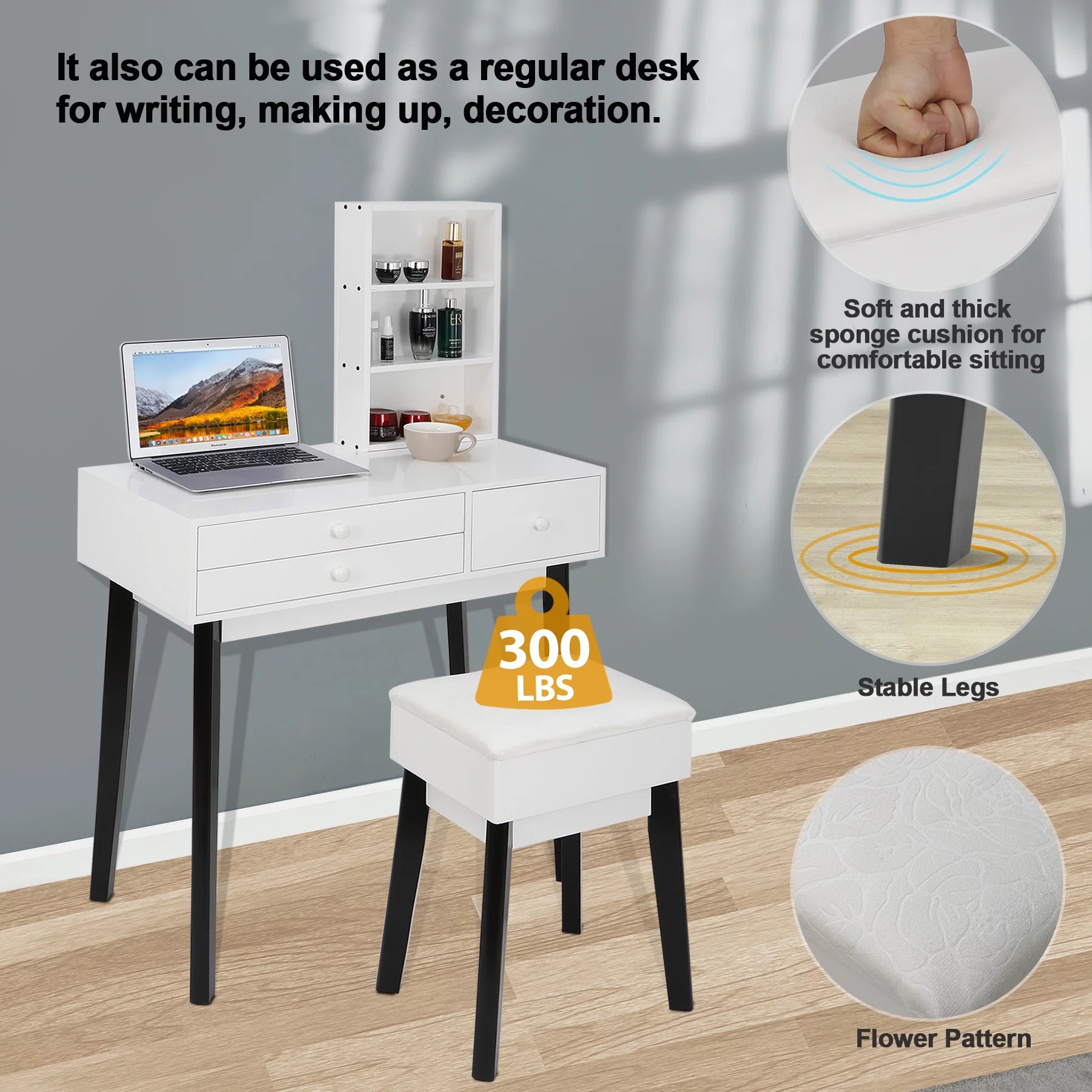 Lafuria vanity set with lighted mirror,Make up vanity dressing table with cushioned stool set in black and white