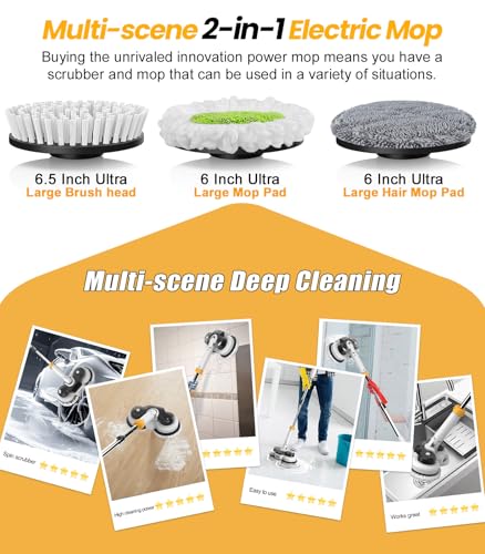 qimedo 800RPM Cordless Electric Mop, 6000mAh Battery Electric Power Scrubber & Mops for Floor Cleaning, Best Automatic Spin Mops with Smart Display