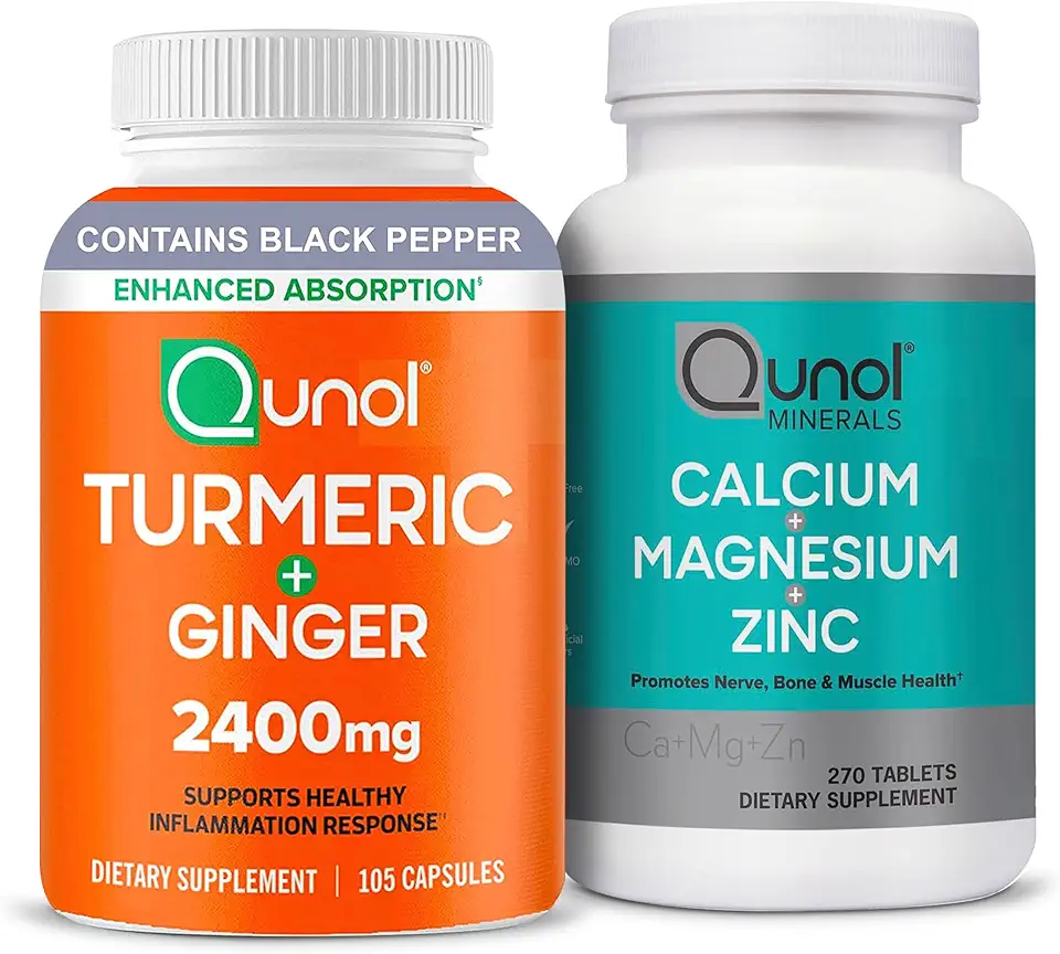 Qunol Turmeric Curcumin with Black Pepper & Ginger, 2400mg Turmeric Extract with 95% Curcuminoids, 105 Count Magnesium 3 in 1 Tablets with Calcium