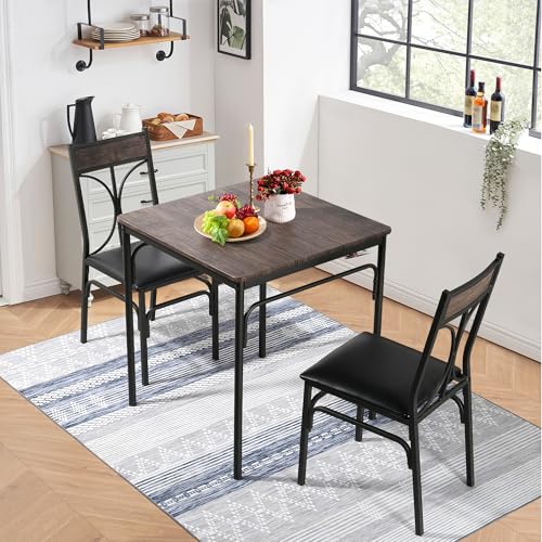 VECELO Kitchen Dining Room Table Set with 2 Chairs for Small Space, Apartment,Metal Steel Frame
