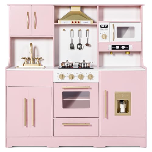 Kinder King Wooden Kids Play Kitchen, Toy Kitchen Playset for Toddler, Play Kitchen Set w/Real Sounds, Pretend Coffee Machine, Kitchen Hood, Sink