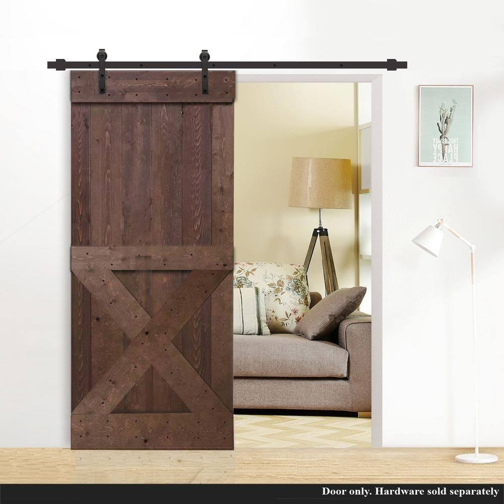 Calhome 36 in. x 84 in. Mini x Series Walnut Stain Knotty Pine Wood Interior Sliding Barn Door