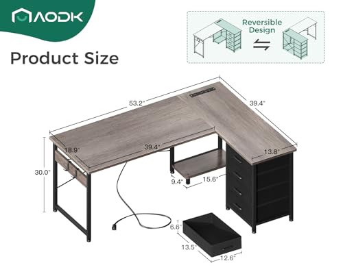 AODK L Shaped Gaming Desk with 4 Drawers, 61" Reversible Home Office Desks with Power Outlets