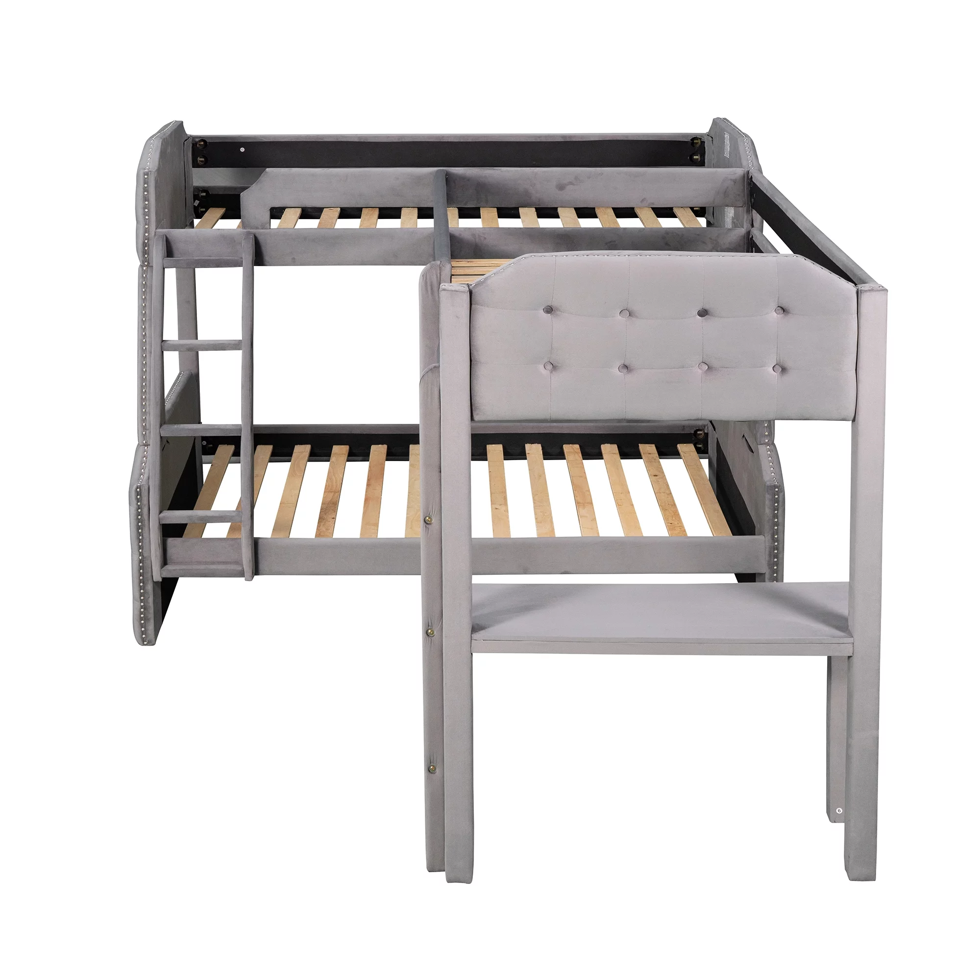Euroco Upholstery Twin over Full Bunk Bed, Twin Size Loft Bed with Built-in Desk, 3-in-1 Bunk Bed, Solid Upholstered Wood Frame for More Kids, Gray