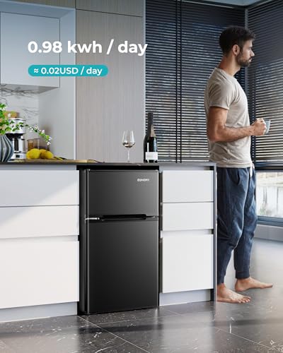 EUHOMY Mini Fridge with Freezer, 3.2 Cu.Ft Mini Refrigerator, Dorm Fridge with 2 Door For Bedroom/Apartment/Office-Food Storage Cooling Drink, Black
