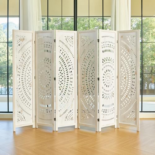 66.9Inch Folding Room Divider, 6 Panels Wood Carved Privacy Screens