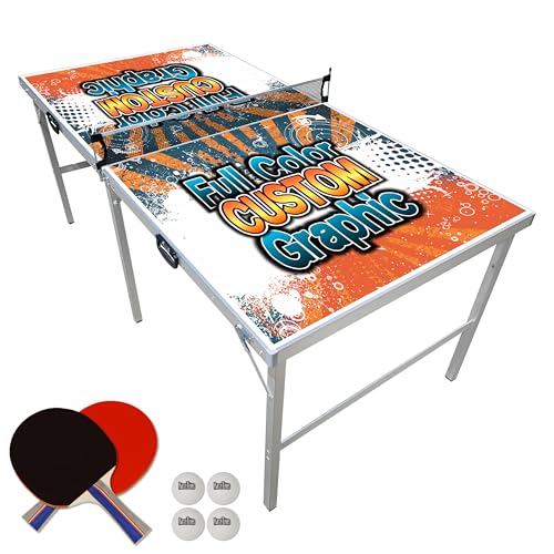 PartyLife 6 ft x 3 ft Ping Pong Table Tennis Table | Mid-Size Portable Folding Indoor Outdoor Ping Pong Table Tennis Table w/Optional LED Lights |