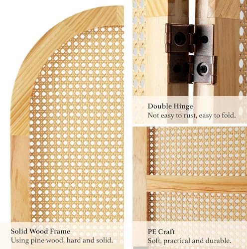 Room Divider and Folding Privacy Screens, Pine Wood 5.6 Ft Double Hinged Rattan Partition Freestanding Wall Room Divider for Home - 3 Panels