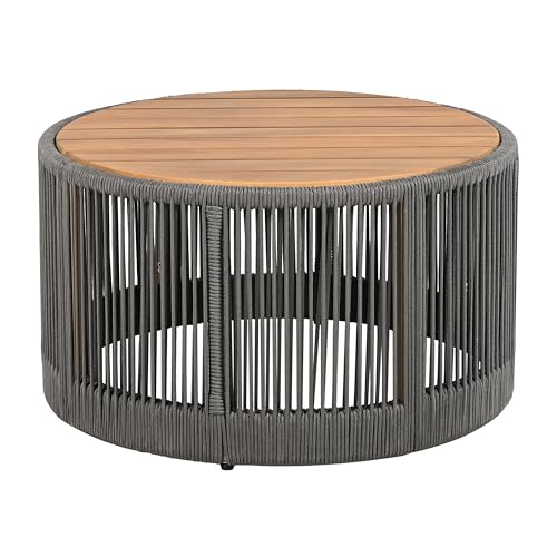 Outdoor Rattan Coffee Table with Solid Acacia Wood Tabletop, Patio Round Coffee Table Side Table (Grey)