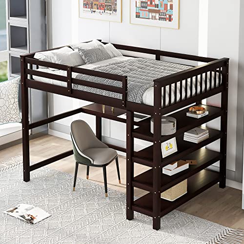 Full Size Loft Bed with L-Shaped Desk, Wardrobe and Storage Shelves, Solid Wood Bedframe w/Safety Guardrails & Ladder for Kids Teens Adults