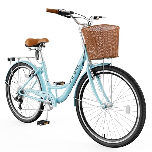 MOONCOOL Womens Bike 7 Speed, 24 26 inch Beach Cruiser Bikes for Women, Step Through Adult Bicycle with Front Basket for City Commuting