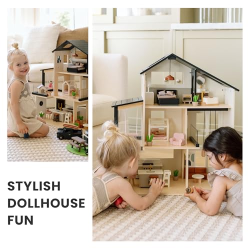 Tiny Land Doll House, Modern Family Dollhouse with Realistic Design, Wooden Dollhouse with 53Pcs Furniture - Ideal Gift for Kids Ages 3+