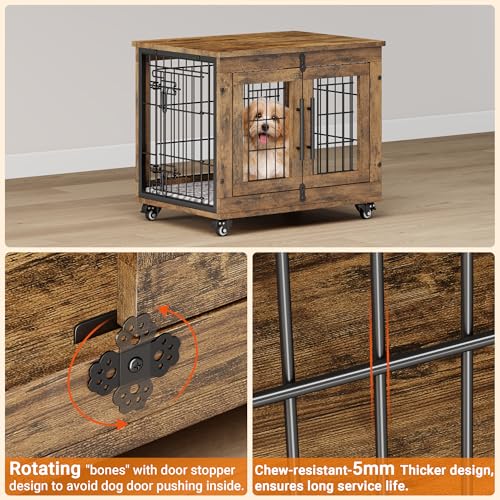Lulive Dog Crate Furniture for Medium Dogs, 32'' Dog Kennel Indoor with Cushion & Wheels Wooden Dog Cage Double Doors Dog Crate End Table, Grey