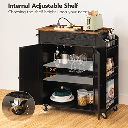 HOOBRO Kitchen Island with Power Outlet, Kitchen Storage Island with Spice Rack and Drawer, Rolling Kitchen on Wheels, for Home, Dining Room