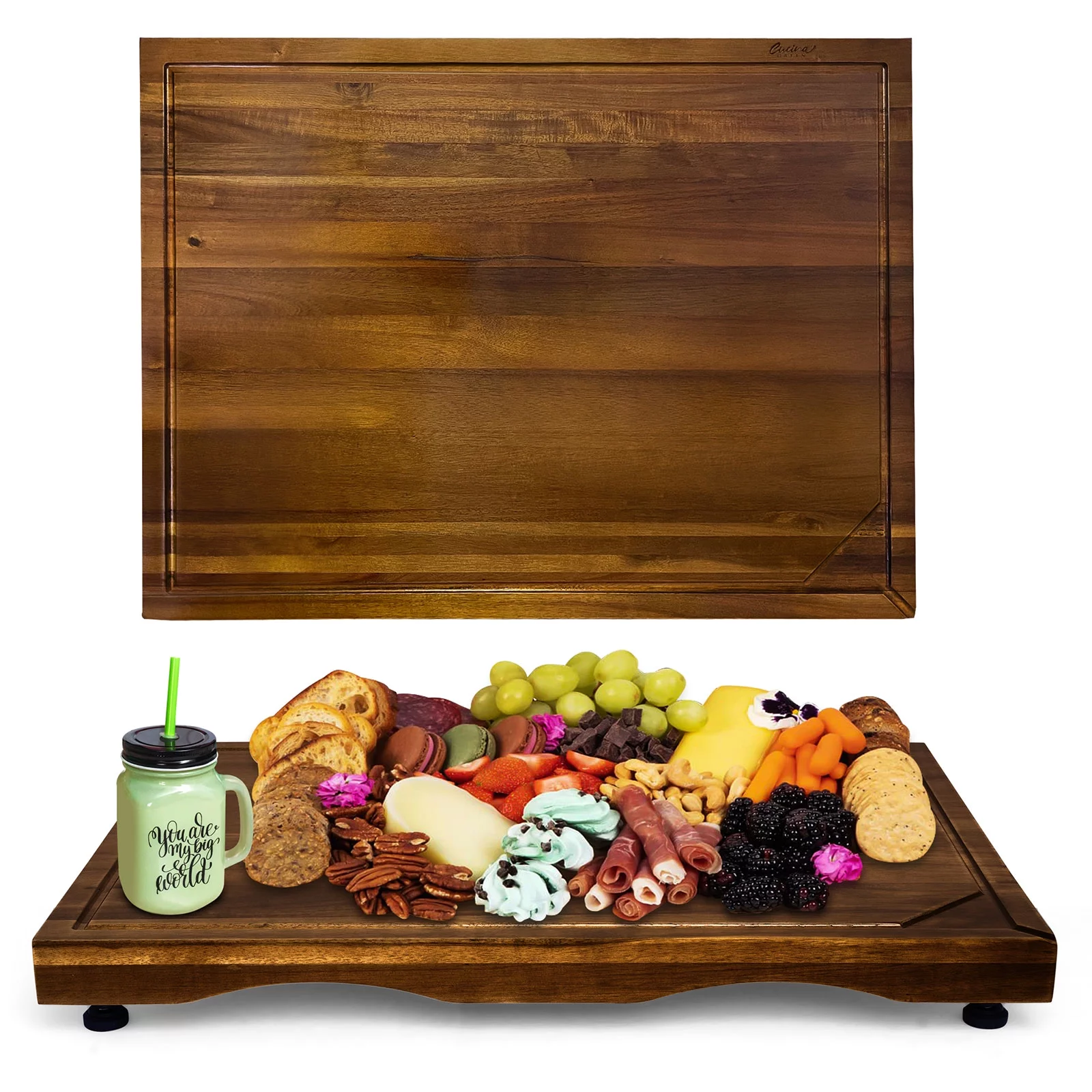 Cucina Green 30 inches Noodle Board, Cutting Board, Stove Top Cover, Charcuterie, Acacia Wood Adjustable Legs