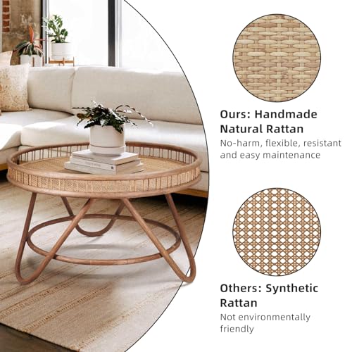 FINECASA Round Rattan Coffee Table, 32'' Wicker Boho Hand-Woven Top
