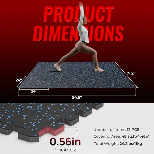 SUPERJARE 0.56'' Thick 24 Pcs 96 Sq Ft Rubber Top Exercise Equipment Mats, High Density EVA Foam Mats with Rubber Top